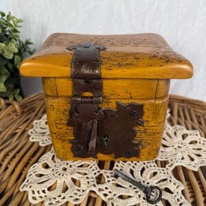 Rare Antique Worm Wood Box, Keepsake Treasure Chest, Heavy Iron Hardware & Key